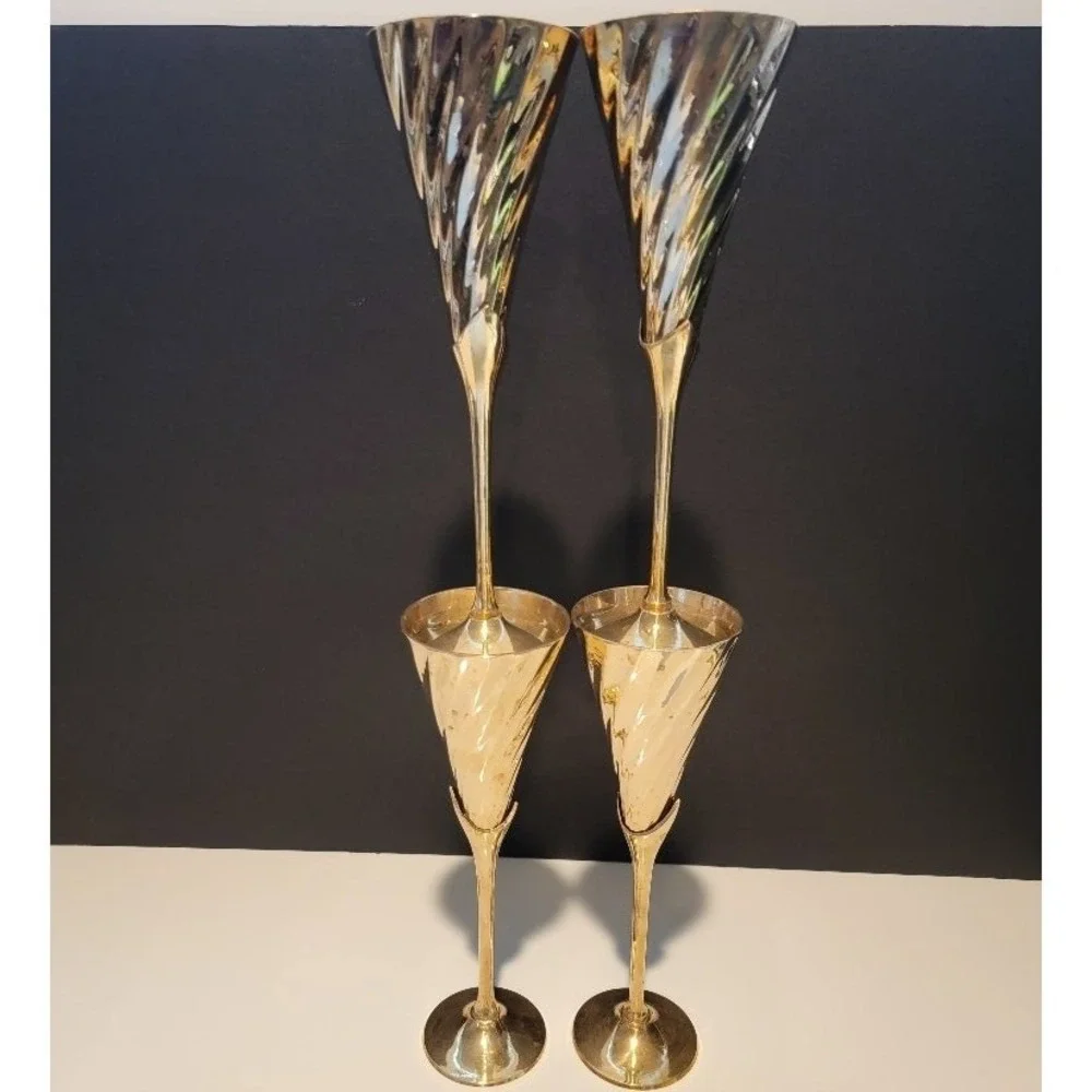 Vintage Brass Champagne Flutes Set of 4 Celebration Toasting New Year 